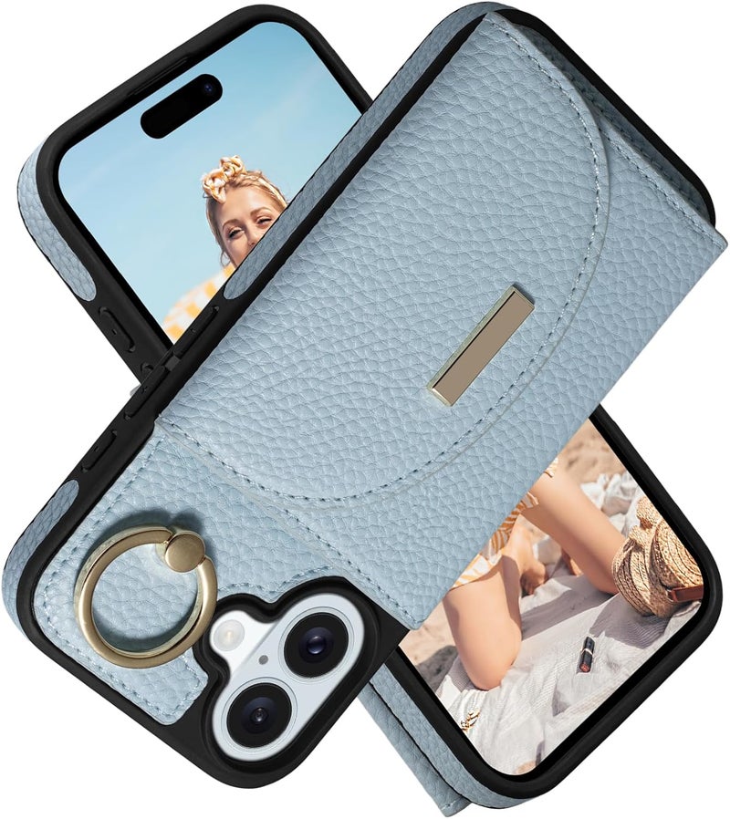 Keallce Wallet Case for iPhone 16 6.1'', Flip Case with Card Slots, Ring Holder Kickstand, PU Leather Protective Folio Cover for Women, Blue - Image 1